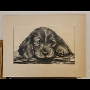 Vintage Original Pencil Drawing Puppy.